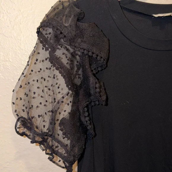 Entro Anthropologie Black top with semi sheer ruffle puffy sleeves - Picture 2 of 4